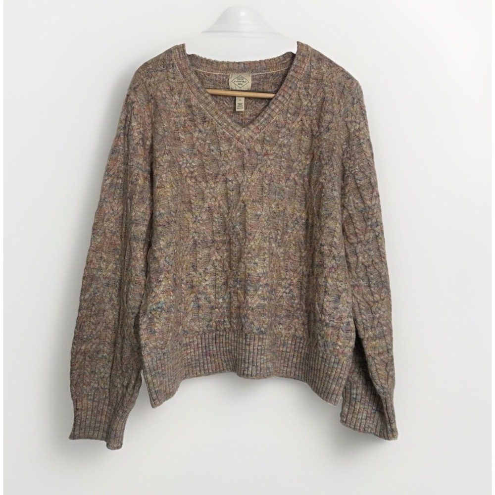 St Johns Bay Womens XL Multi Color Cable Knit V-Neck Sweater Space Dye‎ Pullover